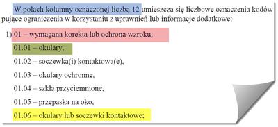 Kody ograniczeń w prawie jazdy dotyczące wzroku