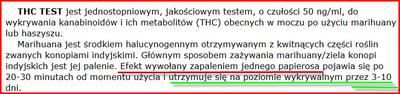 Przykładowy test pokazujący jak długo THC wykrywa się w moczu