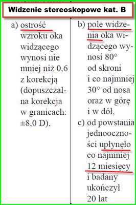 Brak widzenia obuocznego u kierowcy kat B