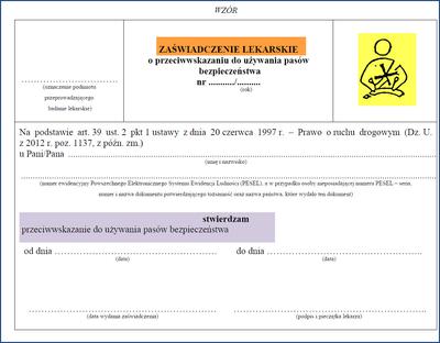 ZAŚWIADCZENIE LEKARSKIE o przeciwwskazaniu do używania pasów bezpieczeństwa